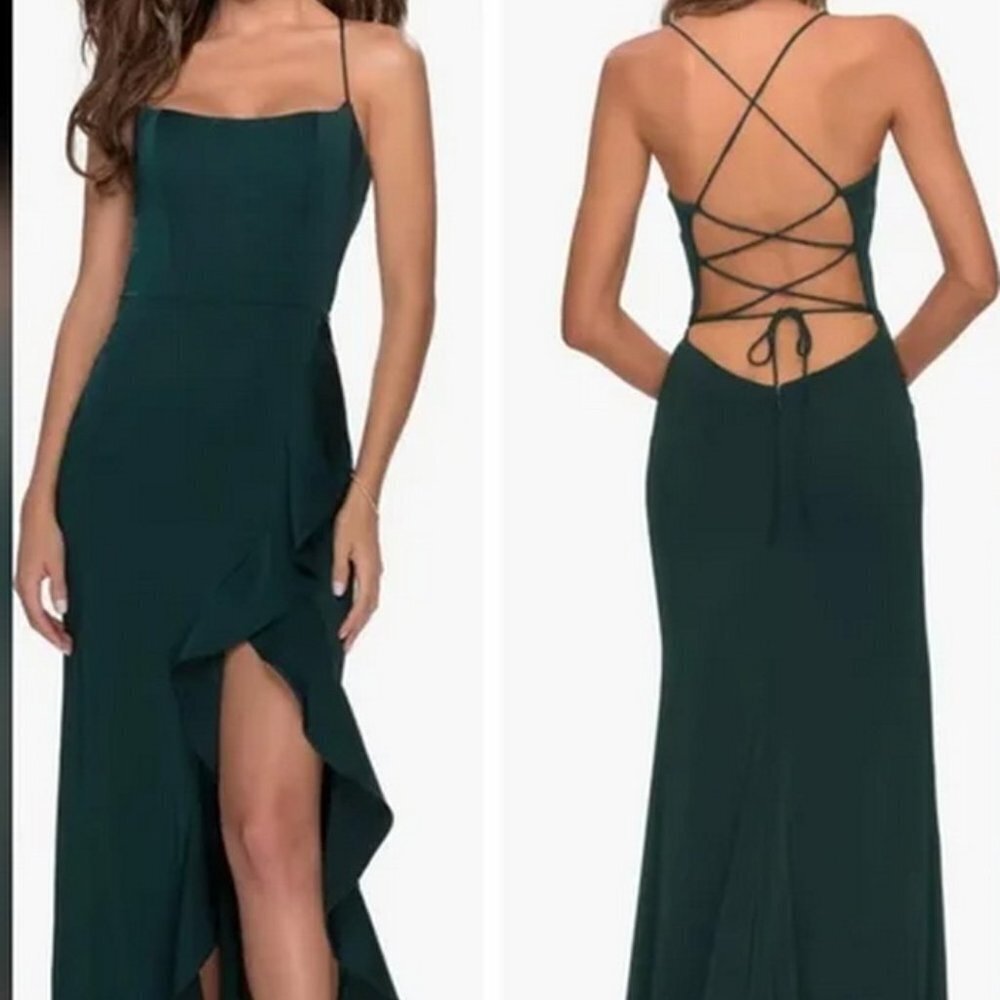 La Femme Emerald Green Lace-Up Back Side-Ruffle Satin Gown